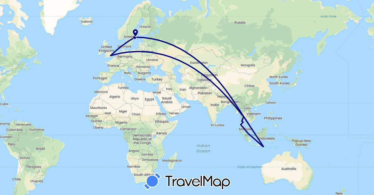 TravelMap itinerary: driving in United Kingdom, Indonesia, Sweden, Singapore, Thailand (Asia, Europe)